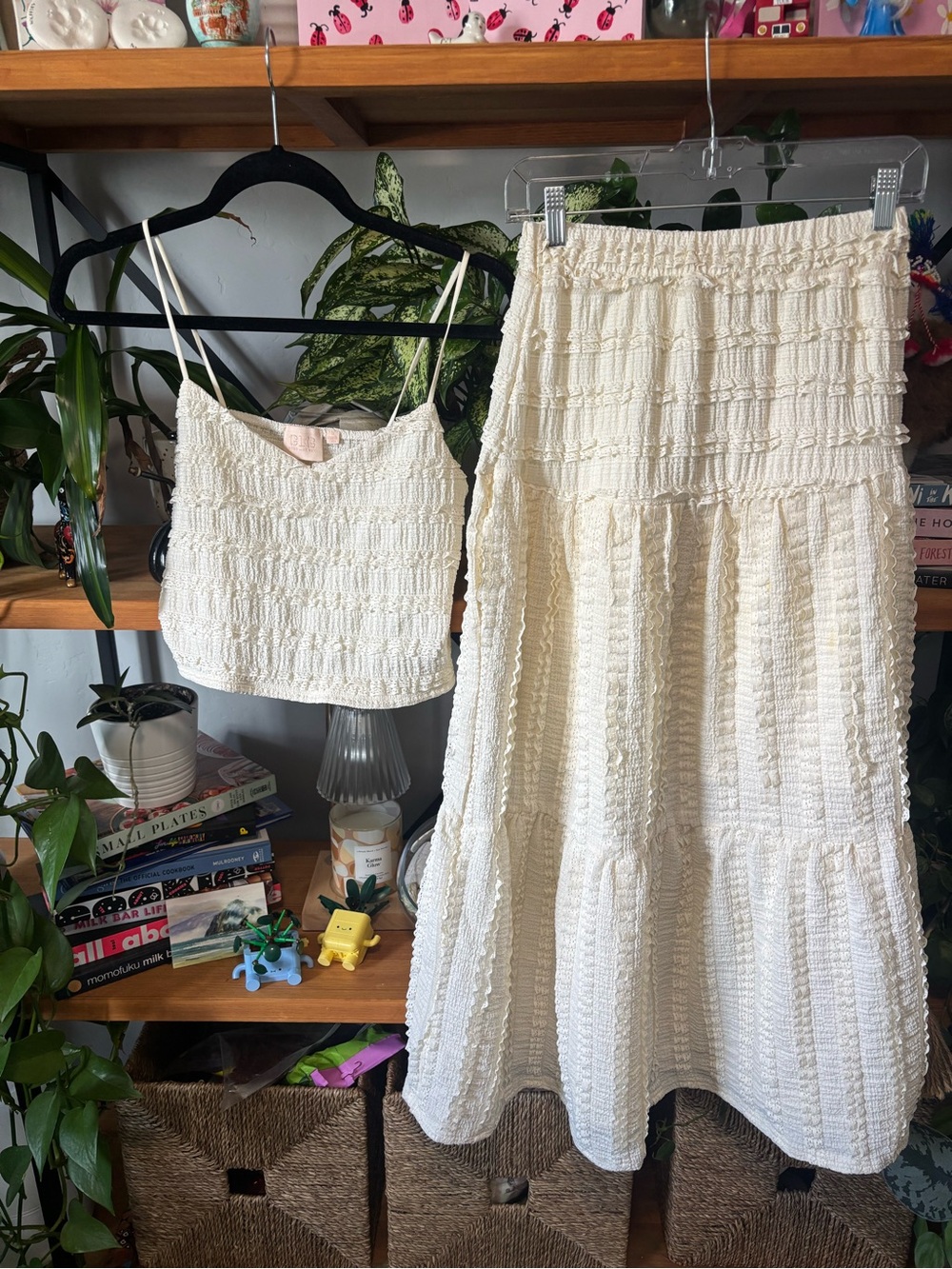 Good Luck Gem Cream Textured Maxi Skirt with Matching Crop Top